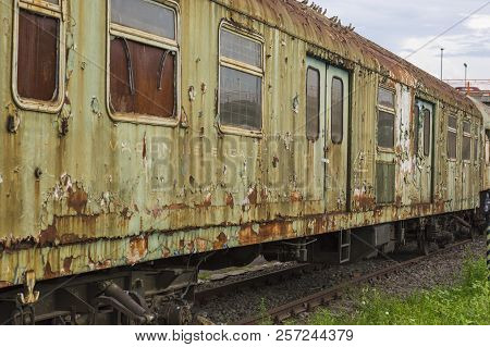 Sibiu, Romania - July 30, 2018: Old Abandoned Train Waggons At Sibiu Railway Station