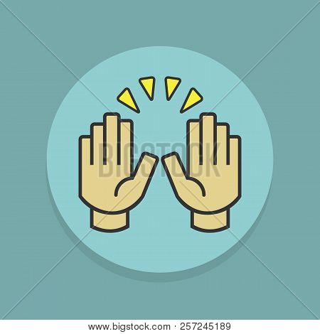 Colorful Raising Celebration Hands Icons Label On Teal Blue Background