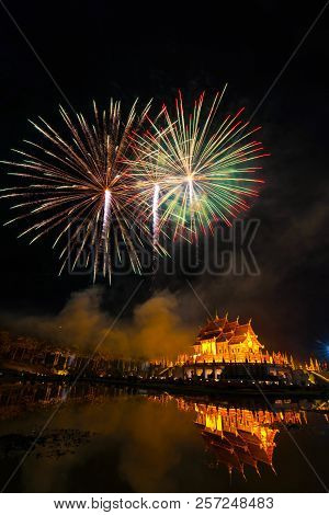 Fireworks Celebrate The New Year 2018 At Rajapruek Royal Park, Chiang Mai With Beutiful Light Of Hor