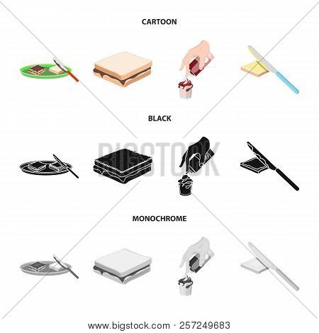 Dessert With Cream, A Sandwich And Other Food. Food Set Collection Icons In Cartoon, Black, Monochro