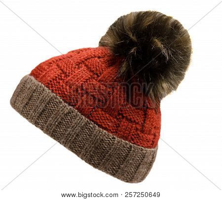 Knitted Hat Isolated On White Background.hat With Pompon .