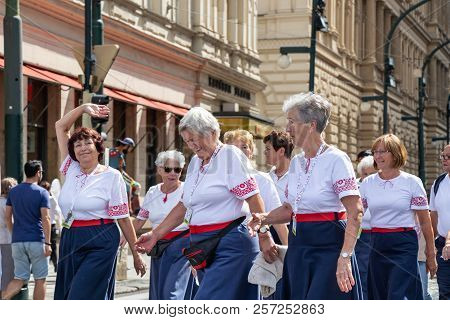 Prague, Czech Republic - July 1, 2018: Women Parading At Sokolsky Slet, A Once-every-six-years Gathe