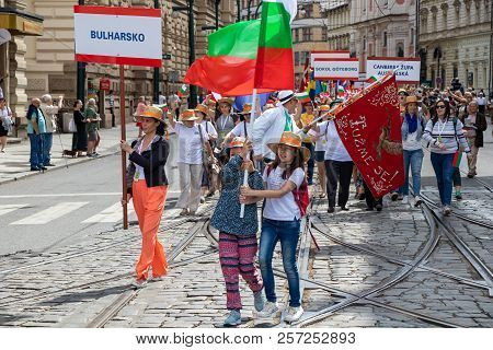 Prague, Czech Republic - July 1, 2018: Bulgarian Visitors Parading At Sokolsky Slet, A Once-every-si