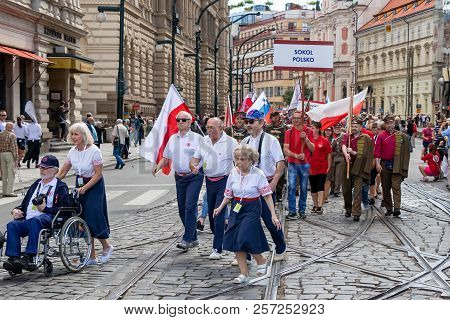 Prague, Czech Republic - July 1, 2018: People Parading At Sokolsky Slet, A Once-every-six-years Gath
