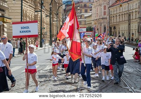 Prague, Czech Republic - July 1, 2018: Canadian Visitors Parading At Sokolsky Slet, A Once-every-six