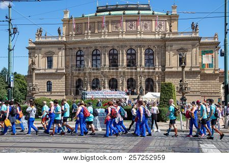 Prague, Czech Republic - July 1, 2018: People Parading At Sokolsky Slet, A Once-every-six-years Gath