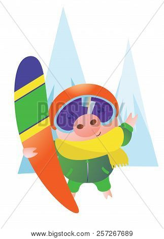 Pig With A Helmet And A Snowboard.
