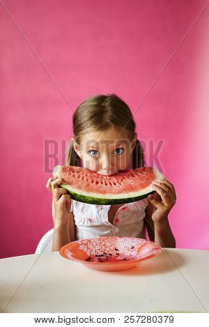 Little Girl Eating Tasty Watermelon Pink Smiling
