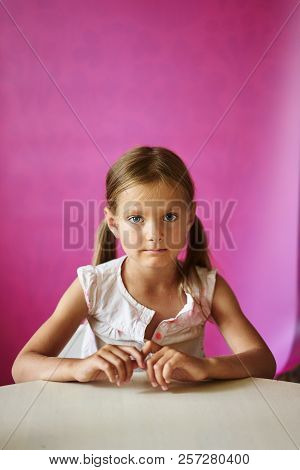 Little Girl Seat White Table Pink Smiling