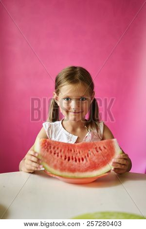 Little Girl Eating Tasty Watermelon Pink Smiling