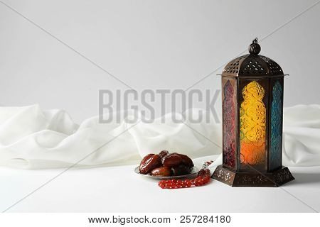 Muslim Lamp, Dates And Misbaha On Light Background. Fanous As Ramadan Symbol