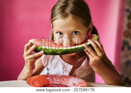 Little Girl Eating Tasty Watermelon Pink Smiling Closer Piece