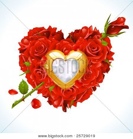 Rote Rosen und golden Juwel in der Form des Herzens mit Pfeil