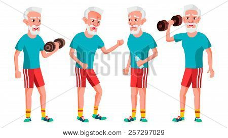 Old Man Poses Set Vector. Elderly People. Senior Person. Sport, Fitness. Aged. Positive Pensioner. A