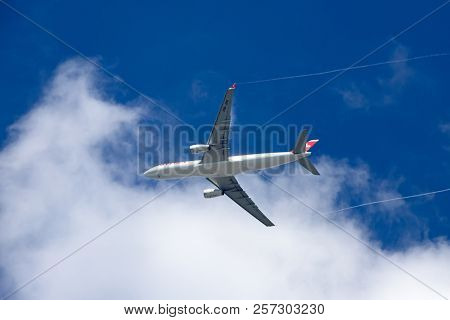 ZURICH - September 08:  Plane after take off from Zurich Airport on September 8, 2018 in Zurich, Switzerland. Zurich airport is home port for Swiss Air and european hub.