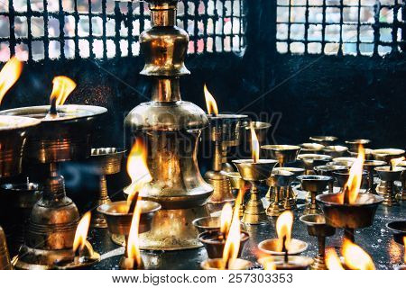 Kathmandu Nepal September 1, 2018 Closeup Of Candles Burning Front A Temple At Durbar Square In Kath