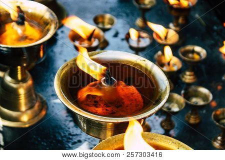 Kathmandu Nepal September 1, 2018 Closeup Of Candles Burning Front A Temple At Durbar Square In Kath