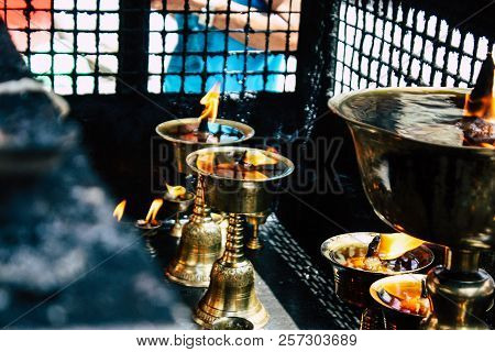 Kathmandu Nepal September 1, 2018 Closeup Of Candles Burning Front A Temple At Durbar Square In Kath