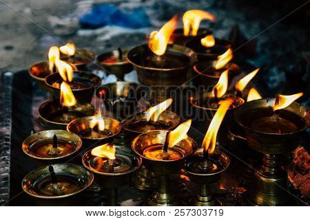 Kathmandu Nepal September 1, 2018 Closeup Of Candles Burning Front A Temple At Durbar Square In Kath