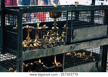 Kathmandu Nepal September 1, 2018 Closeup Of Candles Burning Front A Temple At Durbar Square In Kath