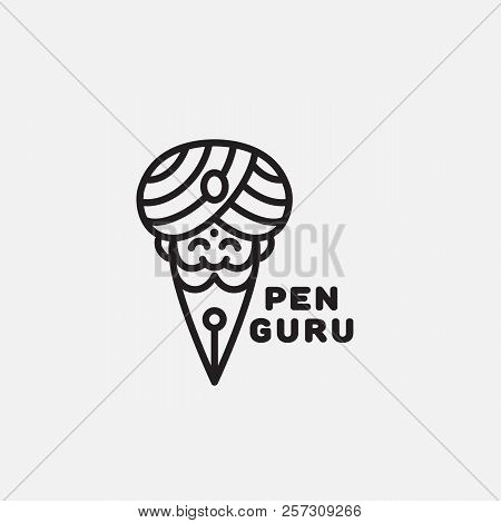 Pen Guru Logo Template Design In Outline Style. Vector Illustration.