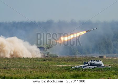 Launching Military Rockets In The Woodlands, War Shot Defense Attack.