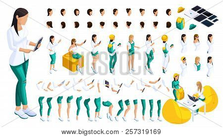 Isometric Set Of Gestures Of Hands And Feet Of A Girl 3d Teenager, Student, Modern Jeans Clothes. Cr