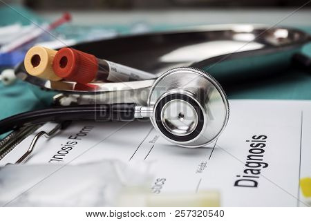 Diagnostic Form, Vial Of Blood Samples And Medicine In A Hospital, Conceptual Image