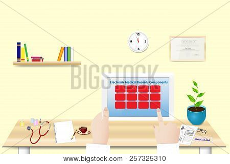 Doctor Is Holding Tablet In Her Hand In Office. The Inscription Electronic Medical Record Components