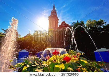 Subotica City Hall And Fountain Sun Haze View, Vojvodina Region Of Serbia