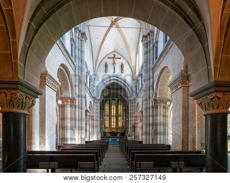 Germany, Cologne - July 27, 2018: View Throught The Main Aisle Of The Basilica Saint Andreas On July