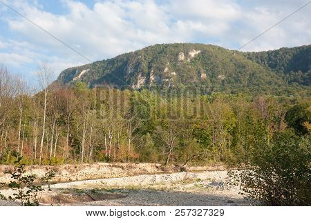 Bright Autumn Day On The Forest River. Kurdzhips River In The Krasnodar Region.