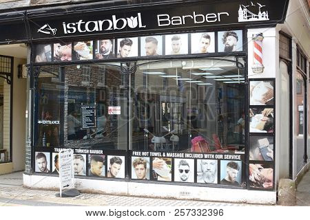 Dereham, Uk - August 4, 2018: Istanbul Barber Shop, Modern Male Trend, Dereham, Norfolk, Uk