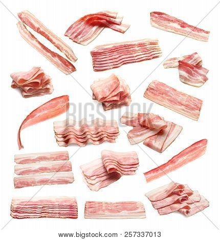 Set With Raw Bacon Rashers On White Background