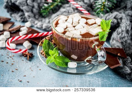 Homemade Hot Chocolate With Mint, Candy Cane And Marshmallow, Light Blue Background With Warm Blanke