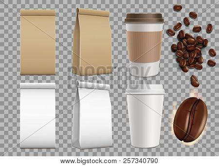 Set Of Blank Package With Coffee Beans And Paper Mugs. Isolated Mock-up On A Transparent Background.