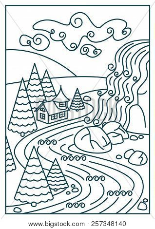 Nature Landscape - Waterfall, River And Mountains. Art Line Style.