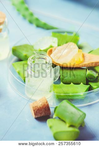 Aloe Vera Extract In A Small Bottle And Pieces On The Table. Selective Focus.