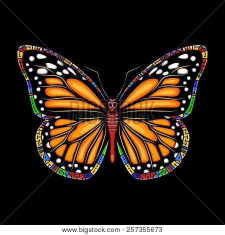 Butterfly Machaon On A Black Background. Vector Beautiful Swallowtail Boho T-shirt Design. Mystical 