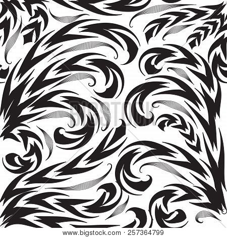 Black And White Vintage Floral Vector Seamless Pattern. Monochro