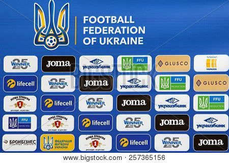 Kyiv, Ukraine - September 4, 2018: Sponsors Billboard Background, Seen During The Andriy Shevchenko 