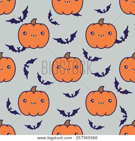 Seamless Halloween Pattern Background With Pumpkins On Grey Background With Silhouettes Of Flittermo