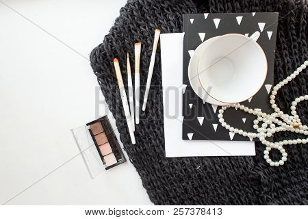 Top View Working Space With Laptop, Cup Of Coffee And Cosmatics For Beauty And Fashion Designer, Mar