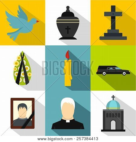 Funeral Services Icons Set. Flat Illustration Of 9 Funeral Services Icons For Web
