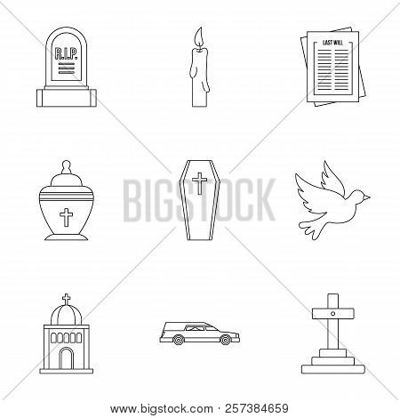 Funeral Services Icons Set. Outline Illustration Of 9 Funeral Services Icons For Web