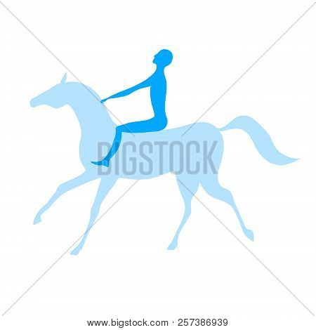 Young Slender Man On A Horse. Vector Color Blue Silhouette Image.