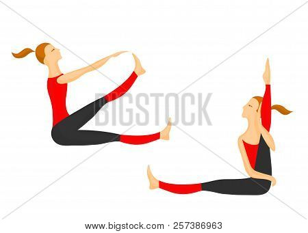 Girls Sit And Practice Gymnastics In Different Poses. Vector Color Drawing Isolated Images.
