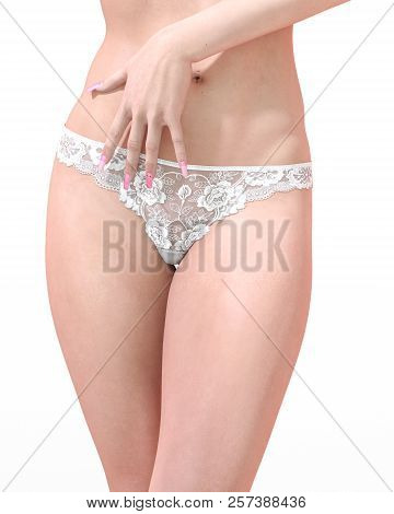 Girl In Sexy Panty. Transparent Panties Underwear. Extravagant Fashion Art. Woman Standing Candid Pr