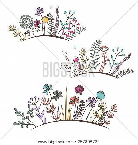 Vintage Floral Horizontal Border. Doodle Meadow Flowers, Grass, Herbs.