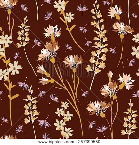 Field-flowers, Leaves And Herbals Vector Seamless Pattern